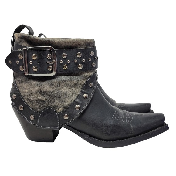 Ariat Defiance Foldover Belted Snip Toe Short Leather Studded Boots Size 6.5 B - Picture 1 of 10